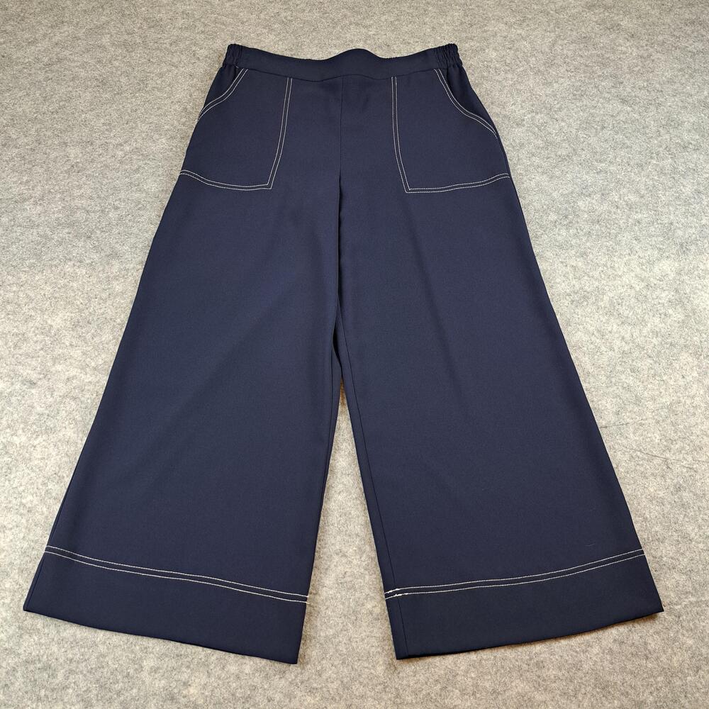 Trina Turk Pants Womens Medium Navy Wide Leg Cropped Pull On USA Career Stretch